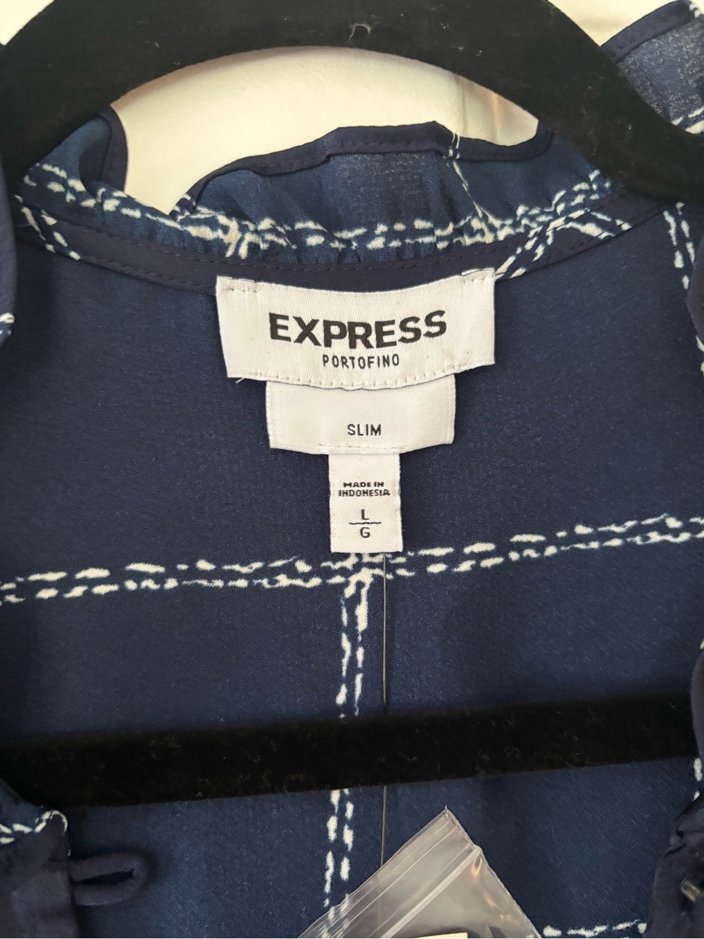 Express Portofino Shirt - L Slim - Navy Windowpane Plaid NWT Button Down Blouse - Picture 5 of 7